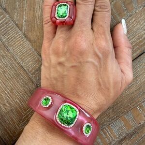 Pink Resin Bangle and Ring Set with Green Crystal Accents